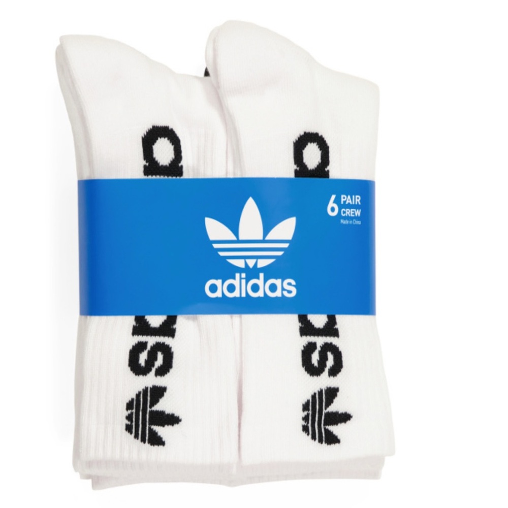 Adidas Men's White Crew Socks with black logo 6 Pairs one size